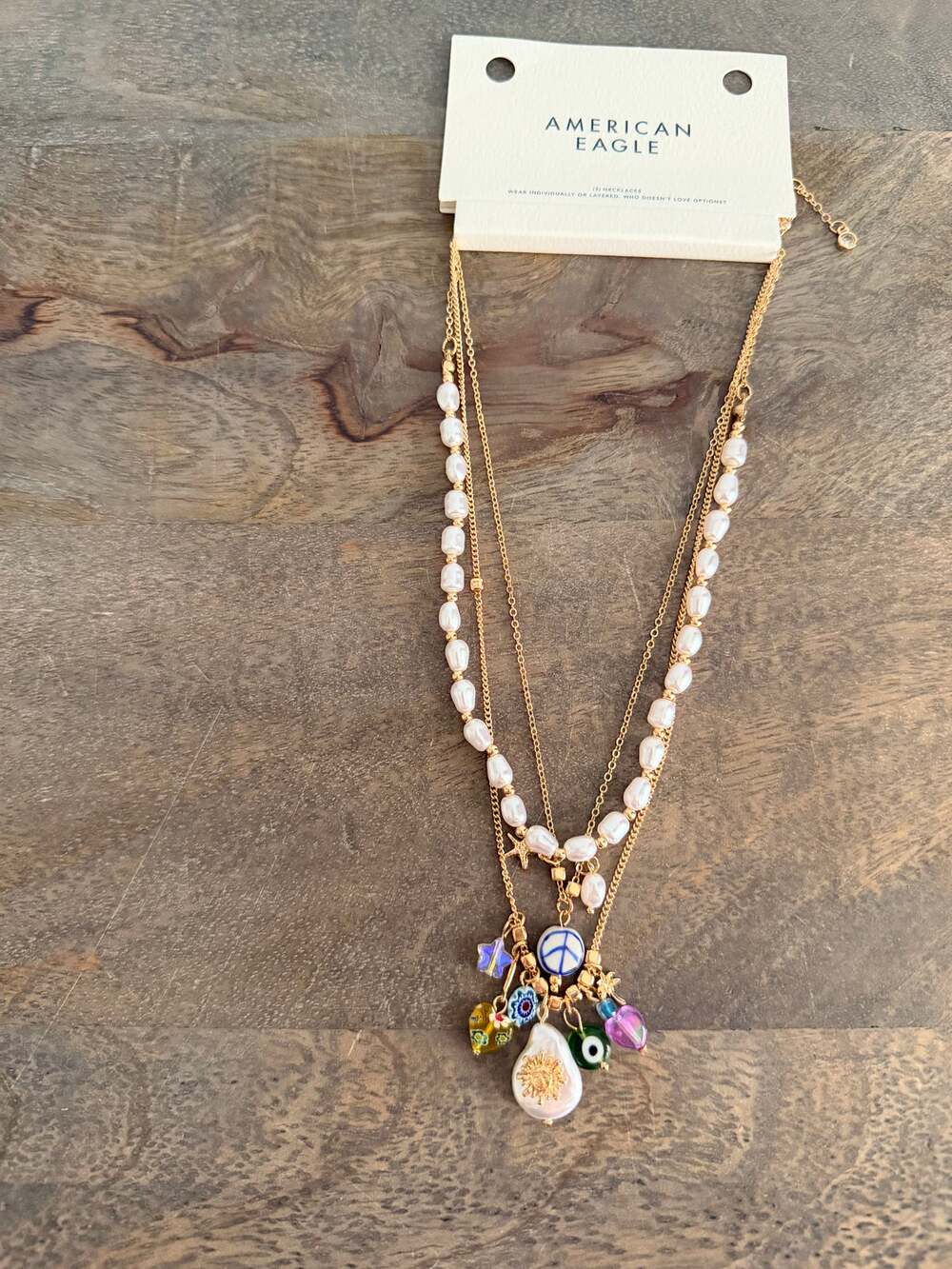 American Eagle 3-Piece Gold Tone Charm & Faux Pearl Layered Necklace Set New